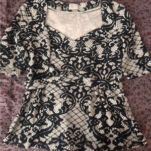 Anthropologie Black and White Lace-Print Peplum Blouse